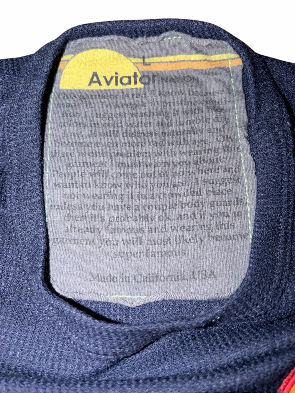 EUC Aviator Nation Embroidered Navy Thermal Tee Rainbow Cuffs Large Athleisure